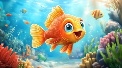 Fototapeta premium A cheerful goldfish with big eyes swimming in a vibrant underwater scene filled with colorful corals.