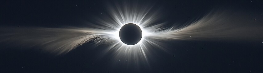 A stunning solar eclipse showcasing the bright corona and dark silhouette of the moon against a starry sky.