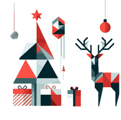 Obraz premium Geometric Christmas Illustration with Tree, Reindeer, and Gifts