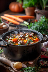 Hearty Homemade Stew with Fresh Ingredients on a Rustic Wooden Table