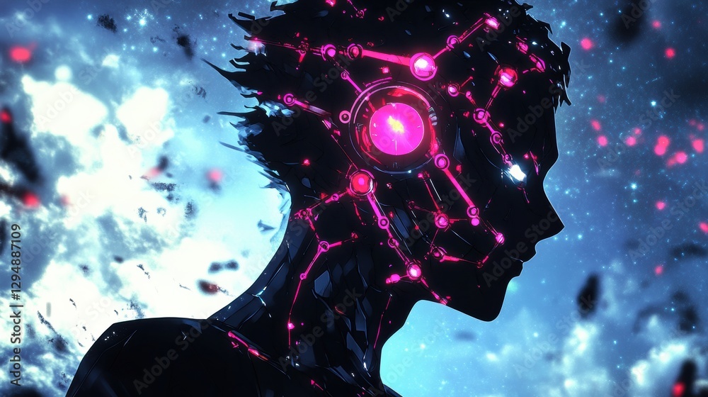 Aufkleber Human head silhouette filled with glowing AI nodes and cosmic fractal patterns in a cyberpunk setting. Generative AI