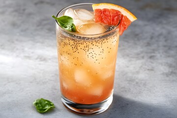 Fototapeta premium Refreshing Grapefruit Chia Seed Drink with Basil Garnish