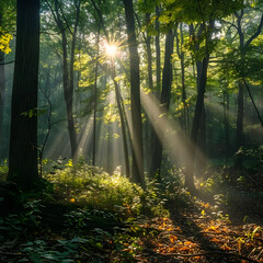 Obraz premium Serene Forest Landscape Bathed in Early Morning Sunbeams Casting a Golden Glow