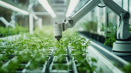 Robotic Arm Cultivating Plants in Modern Greenhouse