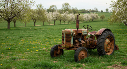 Obraz premium Vintage Tractor on Farmland Amidst Greenery and Countryside Scenery in Spring