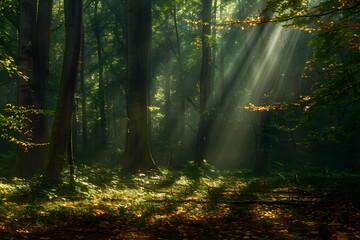 Obraz premium Serene Forest Landscape Bathed in Early Morning Sunbeams Casting a Golden Glow
