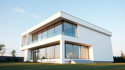 A modern minimalist house with clean lines and expansive glass panels, set against a cloudless sky
