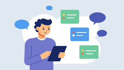 User Testing Session A product manager observing users at computers taking notes on a clipboard as they interact with a new software application with thought bubbles depicting user