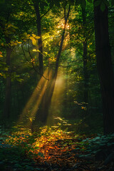 Obraz premium Serene Forest Landscape Bathed in Early Morning Sunbeams Casting a Golden Glow