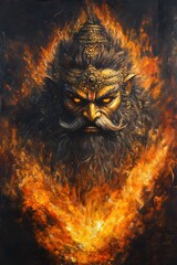 Majestic Oil Painting of Lord Narasimha, Fierce Expression, Glowing Flames, Intricate Details,