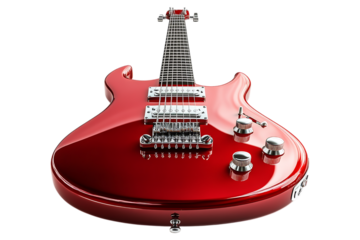 Red electric guitar isolated. Sleek, glossy six-string instrument with chrome hardware, designed for rock, metal, and.