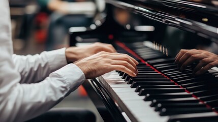 A man engages passionately with a piano, fingers gliding across the keys in a serene environment filled with creativity