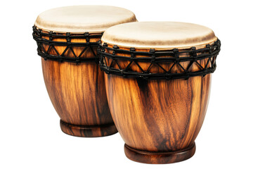 Handcrafted wooden bongo drums isolated. Traditional percussion instruments with rope tuning and natural drumheads, used in Latin, African, and folk music. AI generated.  .