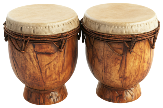 Handcrafted wooden bongo drums isolated. Traditional percussion instruments with natural skin heads and rope tuning, used in Latin, Afro-Cuban, and folk music. AI generated.  .