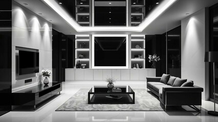 Fototapeta premium A sophisticated black-and-white interior with high-gloss finishes, smart home technology embedded in