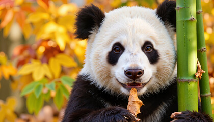 Fototapeta premium Panda eating bamboo with autumn leaves in the background 