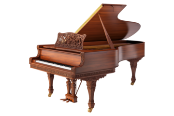 Ornate grand piano isolated. Elegant wooden piano with intricate carvings and open lid, perfect for classical music and luxury decor. AI generated.  .