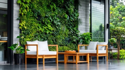 Obraz premium Two white chairs and a wooden table are positioned in a contemporary living area embraced by lush green plants, creating a serene atmosphere