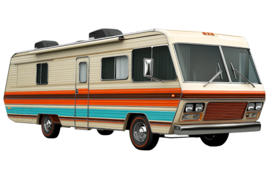 Vintage RV motorhome isolated. Classic retro camper with colorful stripes, perfect for road trips and van life. AI generated.  .