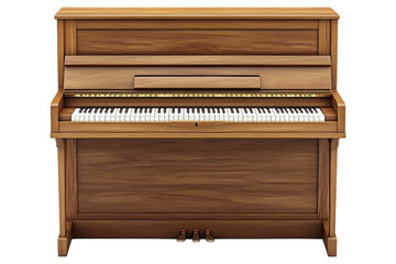 Fototapeta premium Wooden upright piano isolated. A classic acoustic piano with a rich wooden finish, featuring a full keyboard and elegant design. AI generated. .