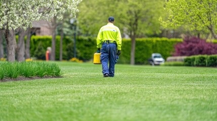 Naklejka premium A well-dressed professional walks along a verdant lawn in a serene park, carrying a container for maintenance tasks under clear skies