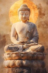Weathered Buddha Statue in Soft Golden Light, Spiritual Serenity