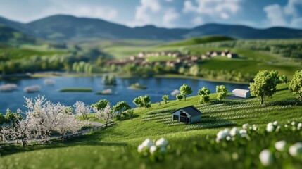 Obraz premium Scenic landscape of lush green hills and tranquil lake rural setting nature photography peaceful environment wide angle view serene beauty