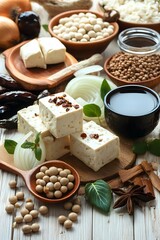 Fototapeta premium Delicious Tofu Cubes with Soybeans and Spices Asian Cuisine Food Photography