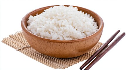 Fluffy White Rice in Brown Bowl with Chopsticks