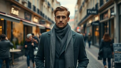 Obraz premium A fashionable man in a tailored coat and scarf, walking confidently on a cobblestone street lined wi