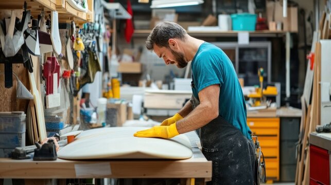 A skilled artisan shapes a surfboard at a bustling workshop, focusing intently on every detail in the crafting process - Powered by Adobe
