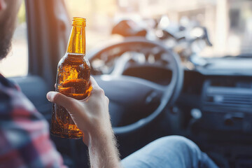 person holding bottle in car, showcasing moment of relaxation. warm sunlight creates cozy atmosphere inside vehicle