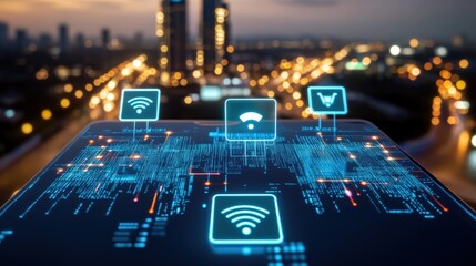 Exploring smart city innovations through digital connectivity urban landscape infographic evening view technology advancement