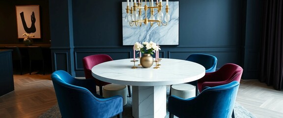 A modern dining area featuring a round marble table, velvet dining chairs in jewel tones, and a stat