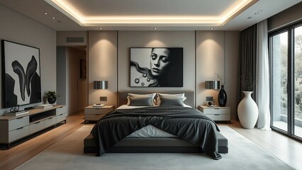 A Vogue-style bedroom with a statement low-profile bed, soft draped fabrics, and recessed lighting t