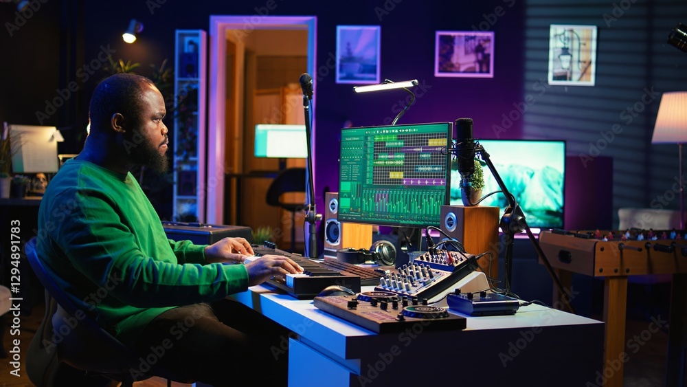 Poster sound engineer pressing keys of electronic synthesizer and composing new song, adjusting volume leve