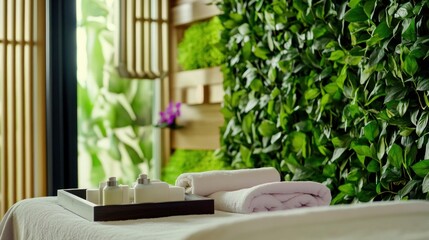 Experience tranquility within a minimalist wellness spa featuring lush greenery, soft towels, and calming decor designed for relaxation