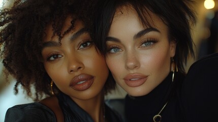 Two stylish women showcase stunning beauty salon ambiance while posing for fun mirror selfie highlighting chic decor and elegant lighting in trendy setting.