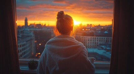 Wrapped in soft hotel robe guest gazes out window in luxurious penthouse suite savoring breathtaking skyline and sunset while sipping coffee.