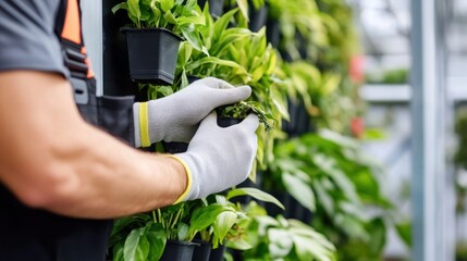 A worker carefully places a potted plant into a vertical garden setup, surrounded by lush greenery and natural light