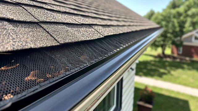 Roof edge with gutter protection system installed on a sunny day in a suburban neighborhood