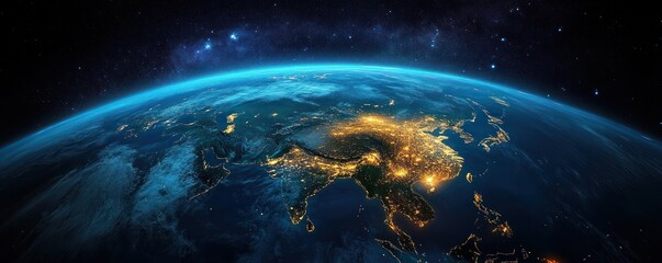 Earth from Space with Night View of Asia featuring City Lights in Photorealistic Style