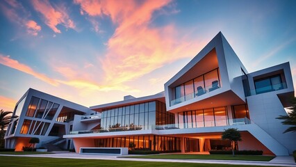 An ultra-modern residence defined by sharp angles and dynamic curves, bathed in the vibrant hues of