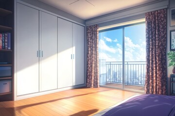 Obraz premium Empty anime bedroom with city view, digital art, interior design, stock photo