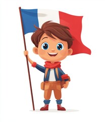Cheerful Cartoon Character Holding French Flag in Revolutionary Costume