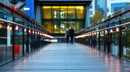 People walk along an LED-lit walkway toward a contemporary building as daylight fades into twilight in a city environment