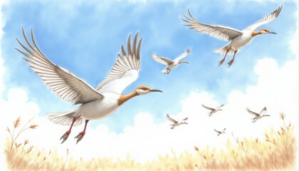 Obraz premium A group of birds flying high in a blue sky over a golden grassy field