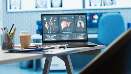 Professional medical office with diagnostic tools and a computer screen, showcasing a prepared space for healthcare consultations, treatment and medical examinations in modern industry.