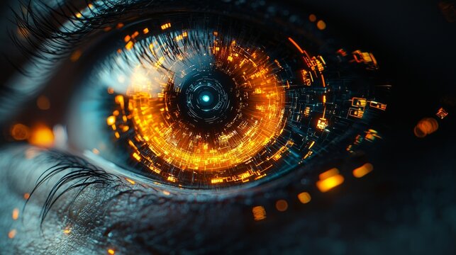 digital interface overlays human eye showcasing advanced diagnostic technology in vision care. symbolizes future of AI driven eye exams and medical innovation.