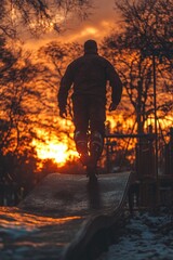 Fototapeta premium Veteran Athlete Training Outdoors at Sunset with Prosthetic Leg
